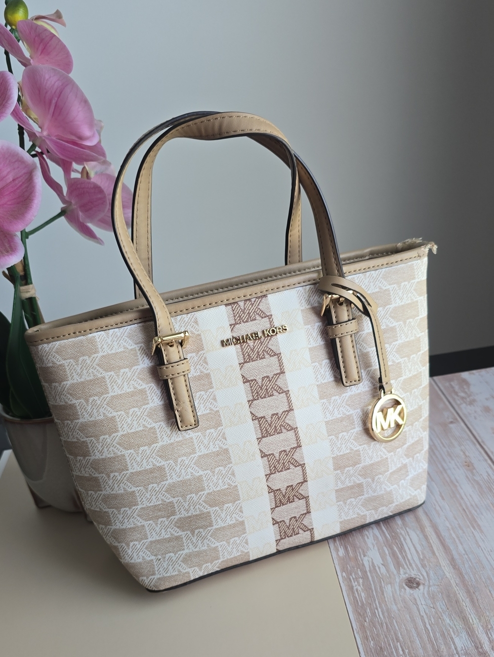 Michael Kors Beige Signature Canvas Top-Handle Mini Tote